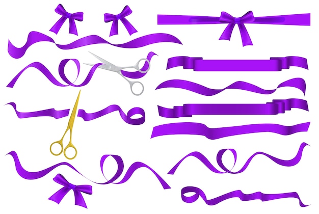 Metal chrome and golden scissors cutting purple violaceous violet silk ribbon. realistic opening ceremony symbols tapes ribbons and scissors set. grand opening inauguration event public ceremony