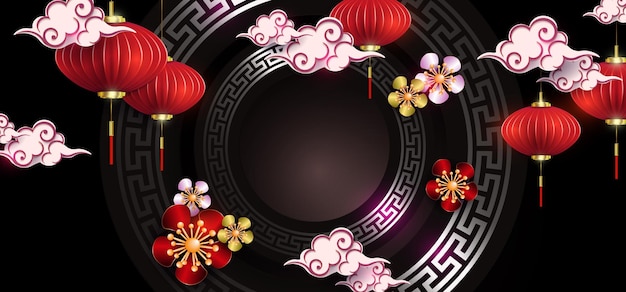 Metal color round frame on black design paper art style flowers and lanterns