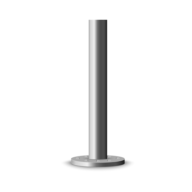 Metal column. Metal pole post, steel pipe of various diameters installed are bolted on a round base isolated