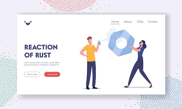 Шаблон целевой страницы защиты от коррозии металла. маленькие персонажи используют защитный спрей от окисного ржавого красноватого покрытия. женщина, держащая огромную гайку или женский винт. мультфильм люди векторные иллюстрации