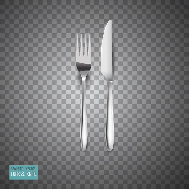 Vector metal cutlery realistic set fork and  knive isolated on abstract checkered background with shadows reflections.