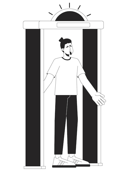 Metal detector go off at airport bw vector spot illustration Annoyed man stands in security gate 2D cartoon flat line monochromatic character for web UI design Editable isolated outline hero image