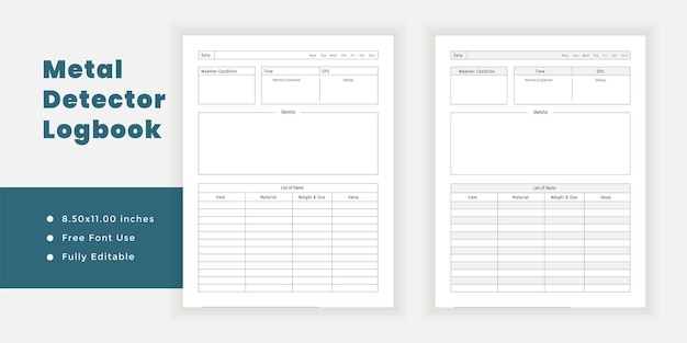 Tracker diario del metal detector modelli di pagine stampabili per diario e pianificatore minimalista