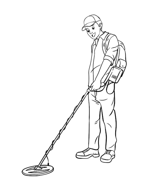 Vector metal detectorist isolated coloring page for kids