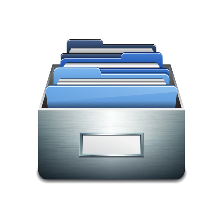Vector metal filling cabinet with blue folders. illustrated concept of database organizing and maintaining