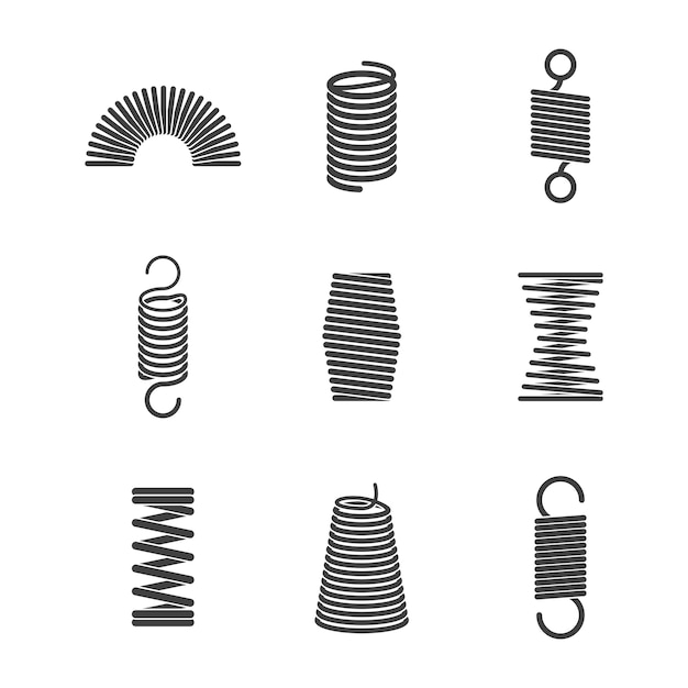 Metal flexible spiral. suspension steel wire coils vector icon collection