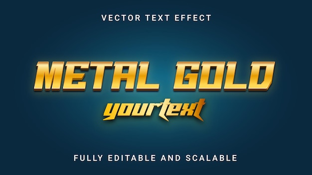 Metal Gold vector effect is fully editable and has a blue background with a gold text effect