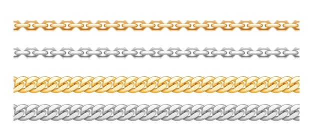 Металлические золотые и серебряные цепочки с разнообразными звеньями. золотые ожерелья из нержавеющей стали на белом фоне. украшения из драгоценного металла. векторная иллюстрация
