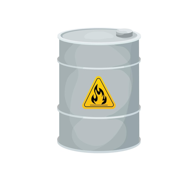 Metal gray barrel flammable, dangerous sign in cartoon style isolated on white background.