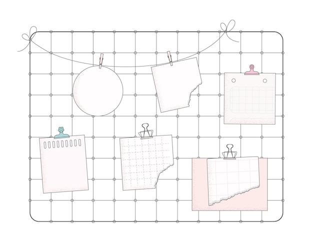 Ispirazione per il moodboard da parete con griglia in metallo modello vettoriale per memo e adesivi per documenti piatti