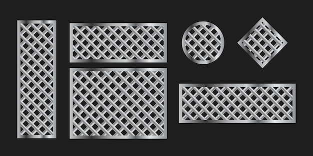 Vector metal grilles frames on black, set