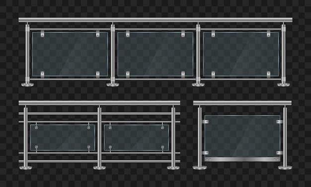 벡터 금속 난간. 철 난간 전면 및 각도보기가있는 유리 난간. 금속 관형 난간과 집 계단 용 투명 시트가있는 유리 울타리 섹션