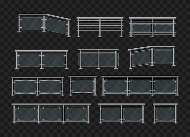 Metal handrails. Glass balustrade with iron banister front and angle view. Section of glass fences with metal tubular railing and transparent sheets for home stairways, house balcony.