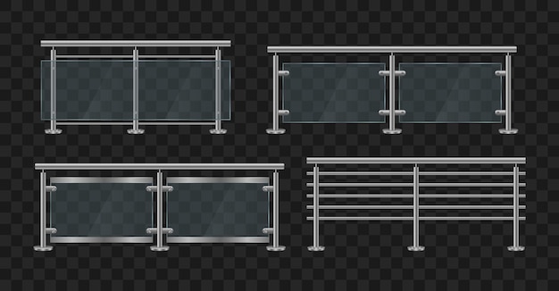 Vettore corrimano in metallo. balaustra in vetro con ringhiera in ferro frontale e vista angolare. sezione di recinzioni in vetro