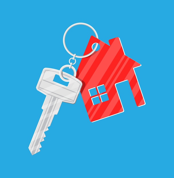 Vector metal key with keychain house in flat style