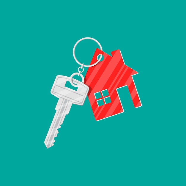 Vector metal key with keychain house