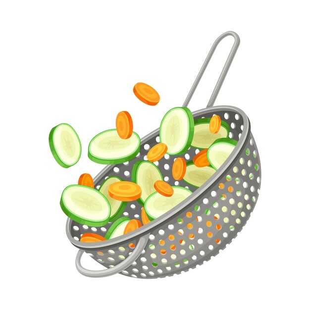 Metal Kitchen Colander or Strainer with Sliced Vegetables Inside Vector Illustration