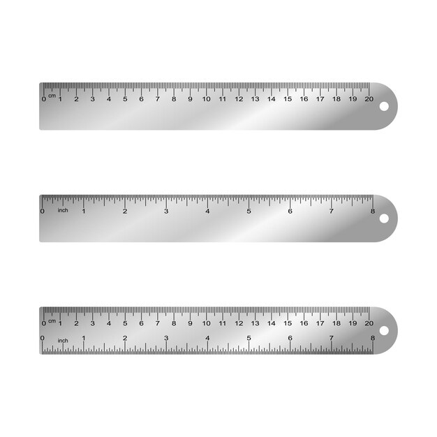 Vector metal measuring rulers in centimeters inches millimeter  aparted and combined