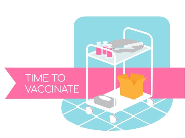 Vector metal medical trolley with prepared instruments syringe and ampoules for vaccination