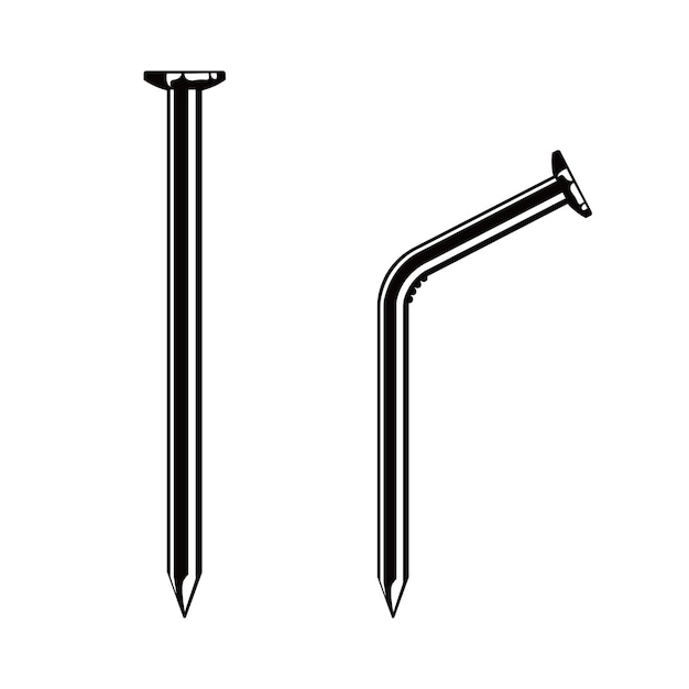 Символ металлического гвоздя, векторная иллюстрация изогнутых гвоздей, значки гвоздей плотника