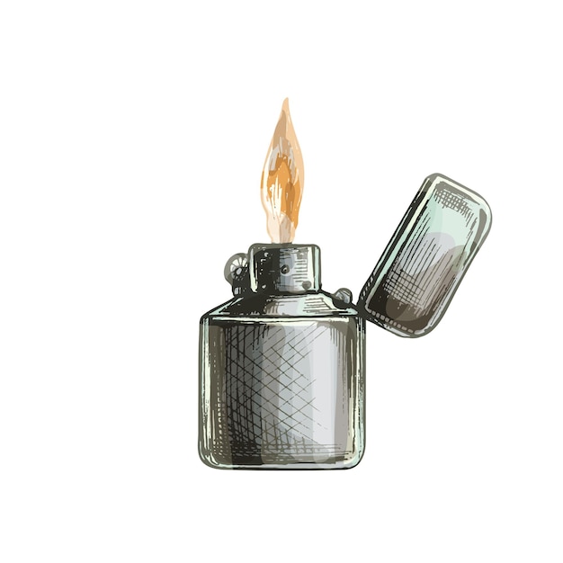 Vector metal open handle lighters with flame. vintage vector hatching