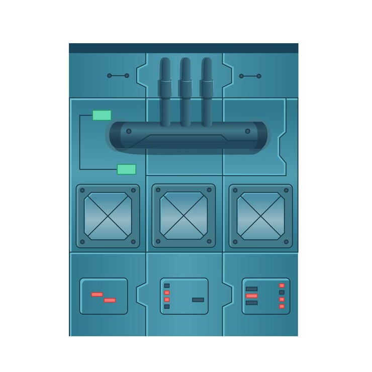 Vector metal panel of a spaceship with buttons and neon elements element for creating a background