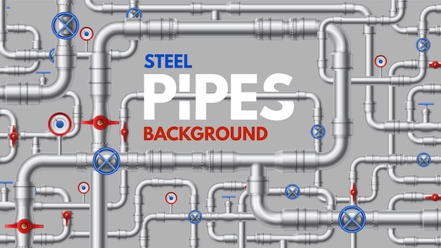 ベクトル 金属パイプライン。産業および住宅建設パイプライン、コネクタフィッティング、フランジおよびタップ。ガス、喫水線または下水道ベクトルの背景。給水、給排水衛生設備配管システム