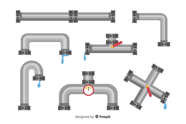 Коллекция металлических труб с водой в плоском дизайне