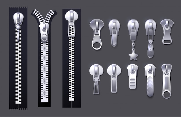 Vector metal and plastic fasteners, zippers. garment components and handbag accessories  set. fastener and zipper isolated, realistic zippered accessories