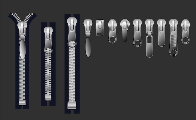 Metal and plastic fasteners zippers garment components and handbag accessories vector set fastener a