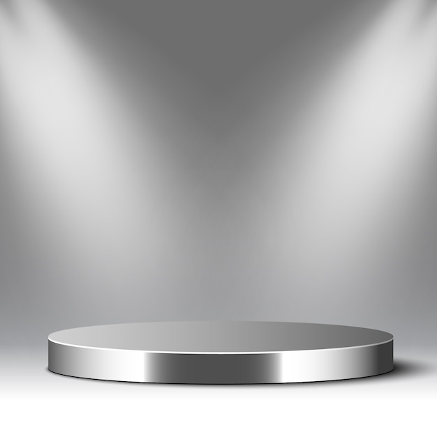 Metal podium and spotlights. round glossy pedestal. scene.  illustration.