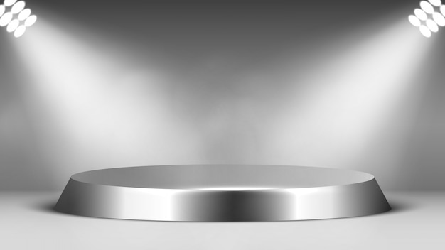 Metal podium and spotlights. Round glossy pedestal. Scene.  illustration.