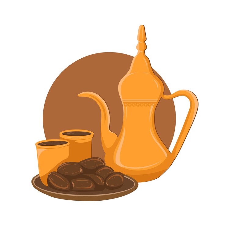 Vector metal pot with a long spout traditional arabic coffee mug and coffee cups