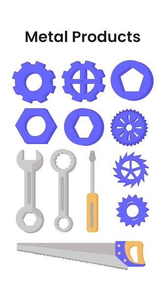 Metal products with gear, wrench, screwdriver, and nuts