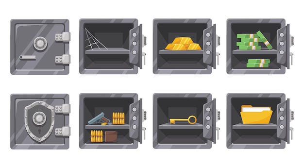 Металлический сейф безопасное хранилище для ключей от оружия и документов золотые слитки и наличные деньги в безопасном металлическом хранилище открытые и закрытые векторные сейфы набор иллюстраций