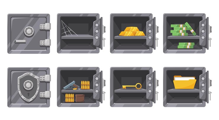 Vector metal safe safely vault for gun key and documents gold bars and cash money in secure metal storage open and closed safes vector illustration set