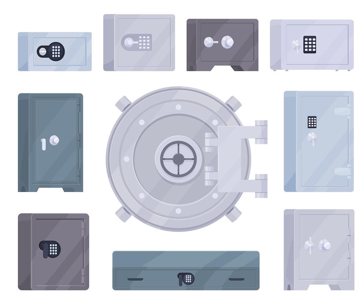 Vector metal safes bank secured vaults armored boxes to protect money and important documents vector illustration
