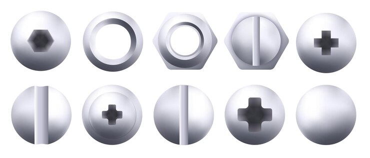 Vector metal screw head icons set steel bolts nuts nails and rivets top view isolated on white