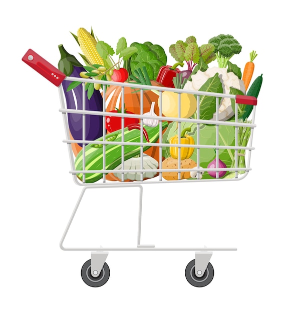 Vector metal shopping cart full of vegetables. farming fresh food, organic agriculture products.