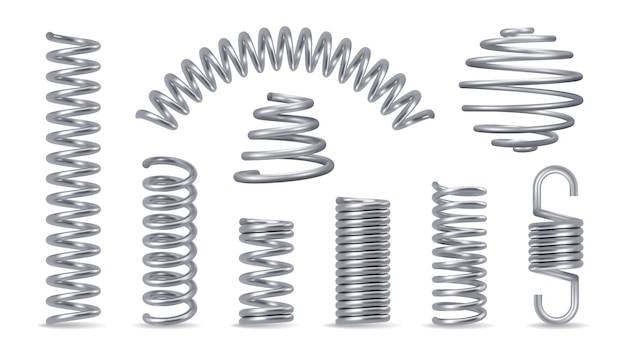 Металлический пружинный серебристый реалистичный набор с завитками изолированных векторных иллюстраций