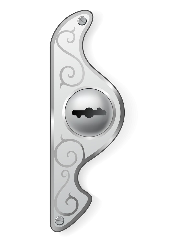 Vector metal or steel secure keyhole element for door locks template realistic silver or chrome key hole mockup isolated on white background