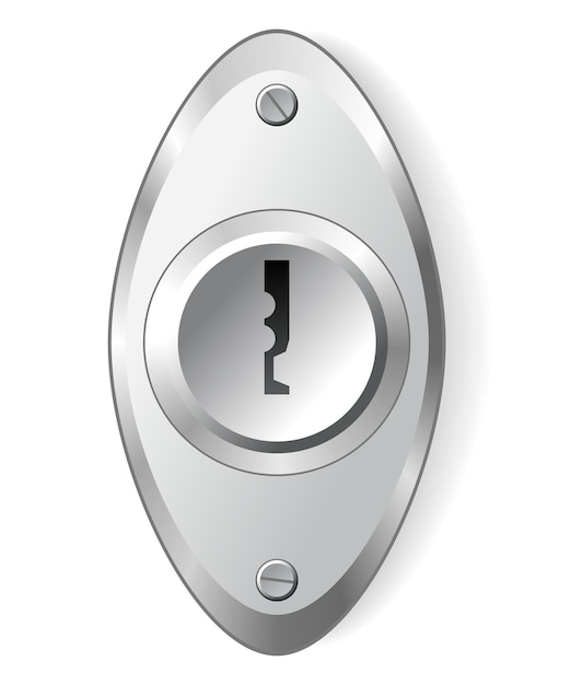 金属または鋼の安全な鍵穴ドア ロック テンプレートの要素白い背景に分離された現実的な銀またはクロムの鍵穴のモックアップ