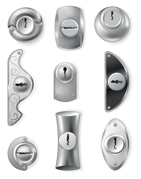 Vector metal or steel secure keyholes element for door locks templates realistic silver or chrome key holes mockup isolated on white background