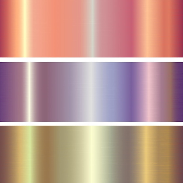 Vector metal textures set, shiny multicolored lustrous metallic backgrounds.