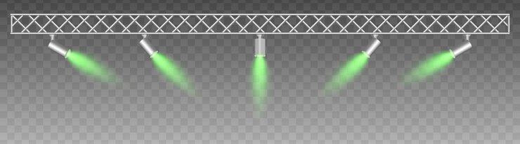 Vector metal truss with adjustable spotlights emitting soft green beams searchlight projector industrialstyle setup with focused lighting stage light exhibitions modern interior