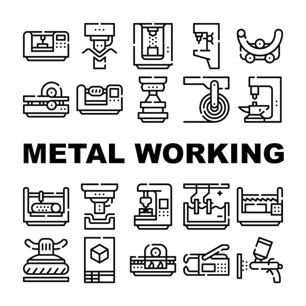 Metal Working Industry Collection Icons Set Vector Metal Working Industrial Equipment Drill Machine And Press Automatic Tool Black Contour Illustrations
