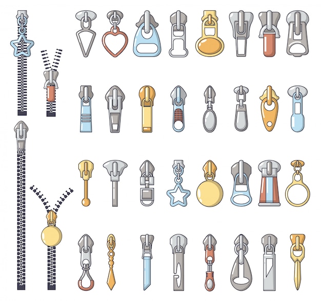 Metal zipper puller icons set