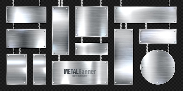Metalen banners hangen op een ketting realistische glanzende stalen plaat met schroeven gepolijste zilveren metaal