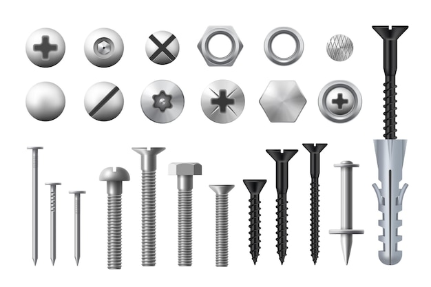 Metalen bouten, schroeven, moeren en spijkers. realistische vector metalen bevestigingsmiddelen en klinknagels, houtwerk en metaalbewerkingsapparatuur, ringen en zelftappende of draadsnijdende schroeven