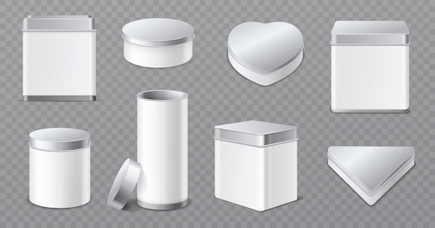 Metalen dozen realistische blikken potten 3d witte en aluminium doppen containers producten blanco verpakking thee koekjes en snoep opslag vector mockup set geïsoleerd op transparante achtergrond